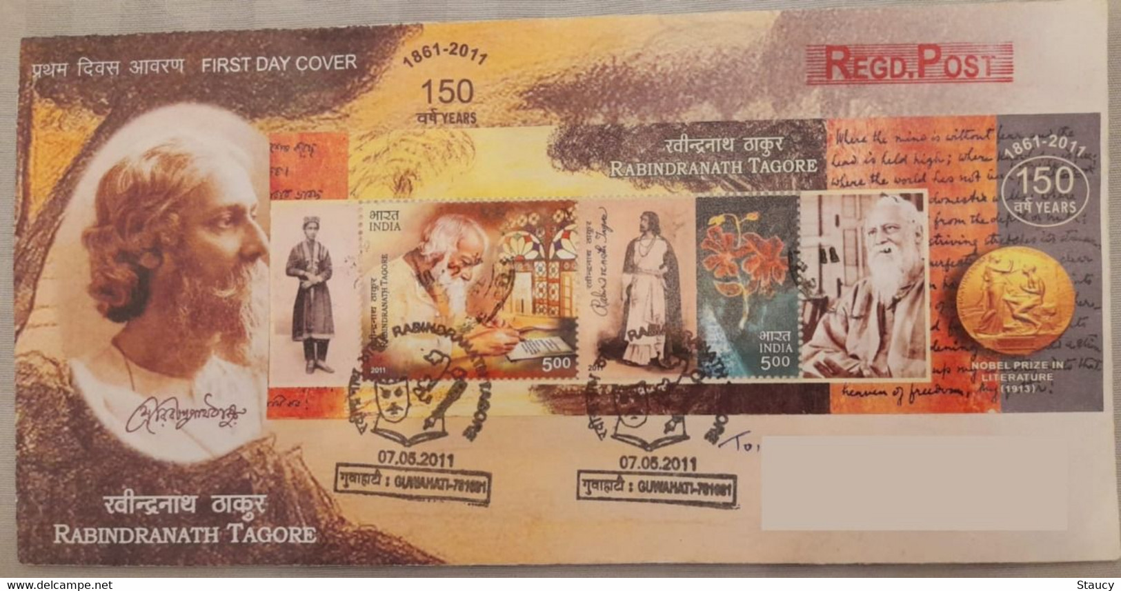 India 07.05.2011 RABINDRANATH TAGORE Miniature Sheet MS "Issue Date" Registered Speed Post First Day Cover As Per Scan - Sonstige & Ohne Zuordnung