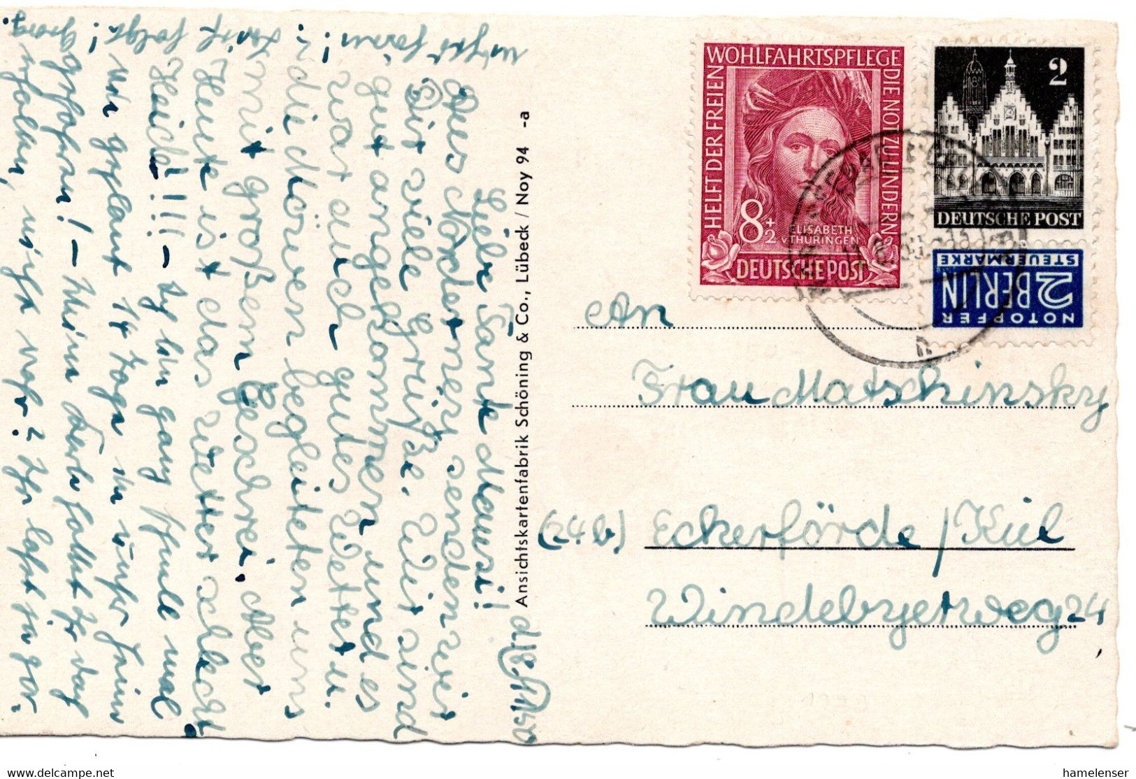 61430 - Bund- 1950 - 8Pfg WoFa '49 MiF A AnsKte NORDSEEBAD NORDERNEY -> Eckernfoerde - Lettres & Documents