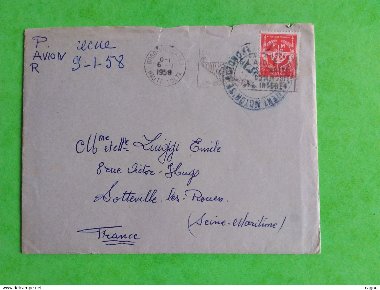 LETTRE PAR AVION EN F.M. DE BOBO-DIOULASSO HAUTE VOLTA POUR SOTTEVILLE LES ROUEN SEINE-MARITIME - Storia Postale