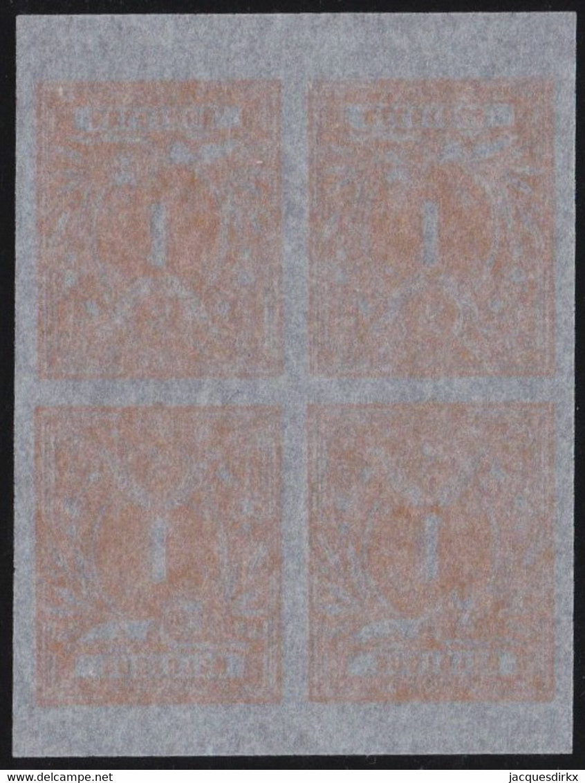 Belgie  .  OBP   .    Proefdruk Blok 4 Zegels   (2 Scans)    .    (*) .    Geen  Gom   .   /    .  Pas De  Gomme - 1869-1888 Leone Coricato