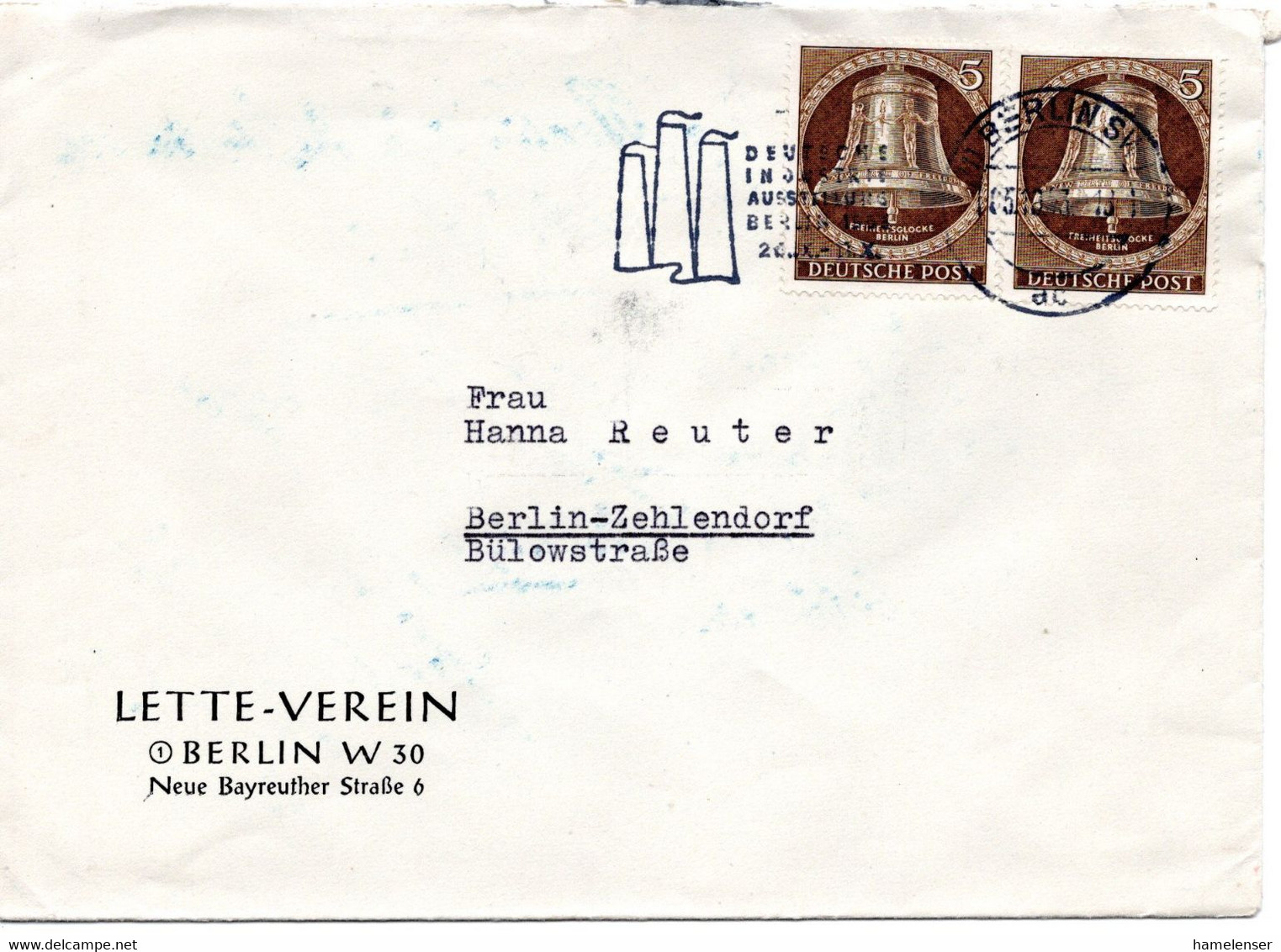 61444 - Berlin - 1953 - 2@5Pfg Glocke Mitte A OrtsBf BERLIN - DEUTSCHE INDUSTRIE-AUSSTELLUNG ... - Brieven En Documenten