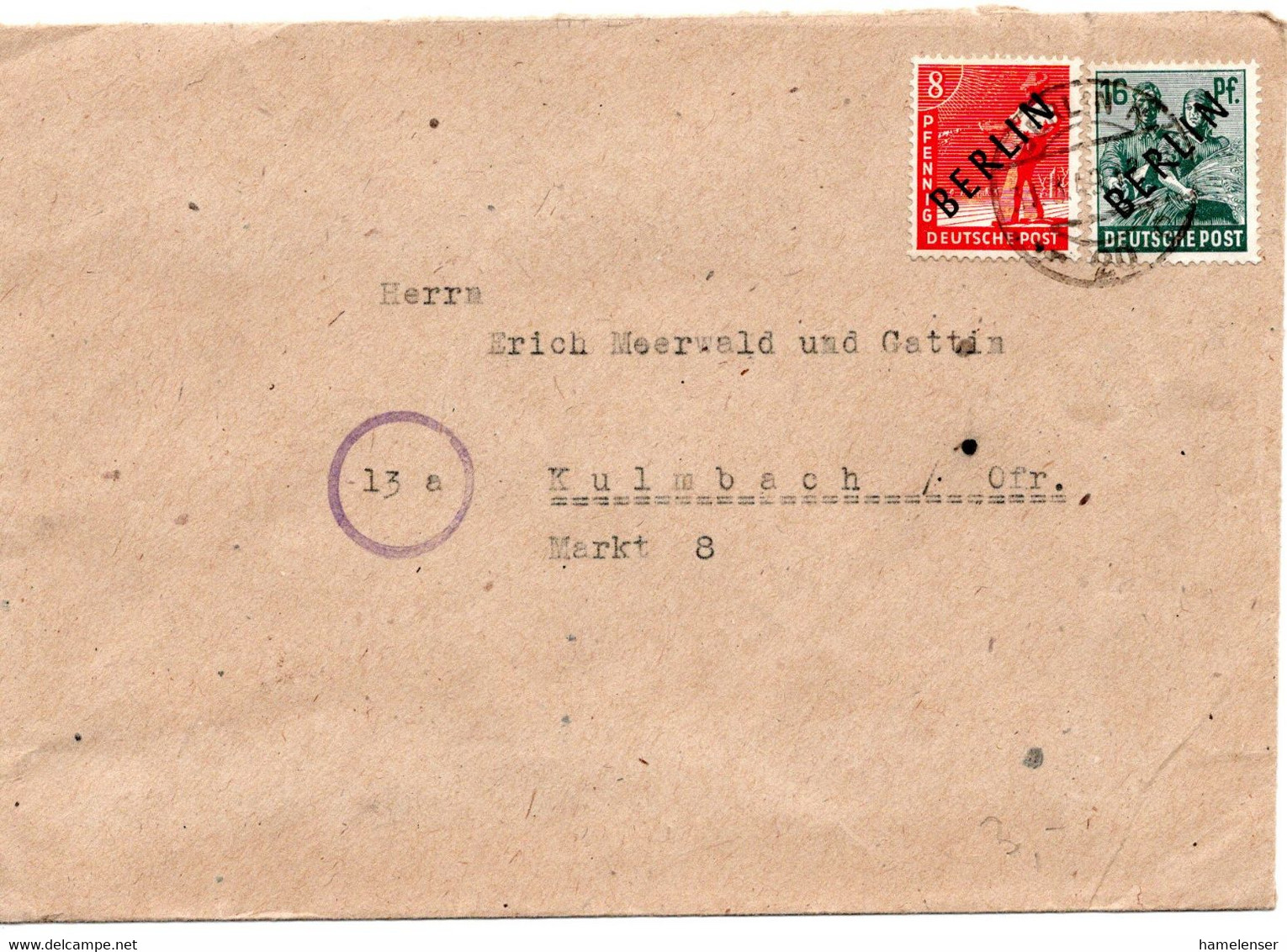 61449 - Berlin - 1949 - 16Pfg Schwarzaufdruck MiF A Bf BERLIN -> Kulmbach (letzter Gueltigkeitstag Schwarzaufdruck!) - Briefe U. Dokumente
