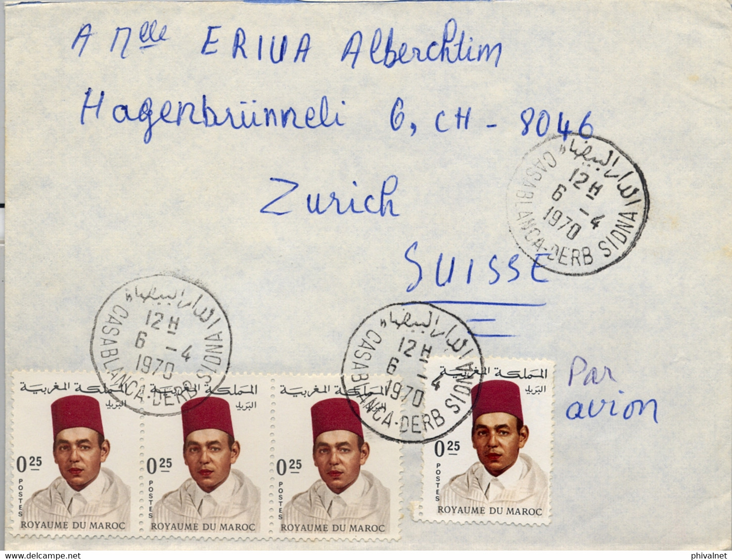 1970 MARRUECOS , SOBRE CIRCULADO ENTRE CASABLANCA Y ZÜRICH , CORREO AÉREO - Maroc (1956-...)