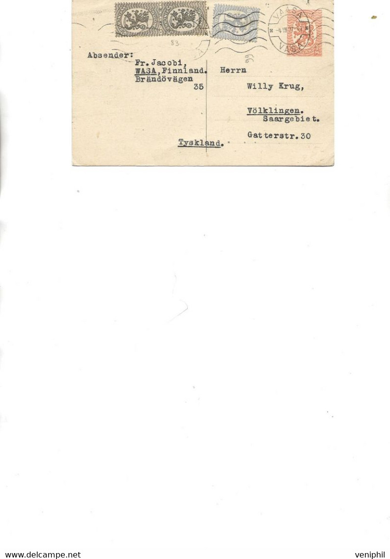 FINLANDE - ENTIER POSTAL DE 1927 AVEC COMPLEMENT D'AFFRANCHISSEMENT N°66 + PAIRE N°83 - Enteros Postales