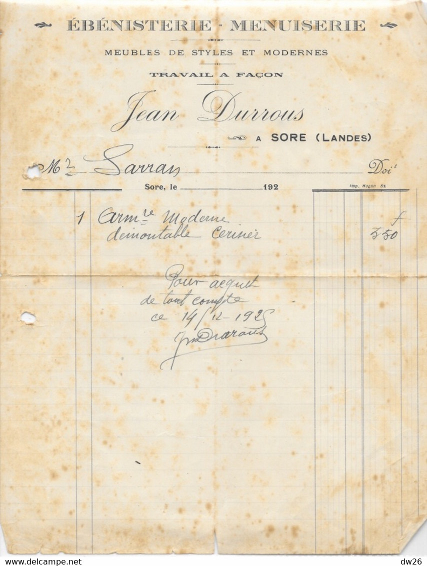Facture De 1925 - Ebénisterie-Menuiserie Jean Durrous à Sore (Landes) Adressée à M. Sarran - 1900 – 1949