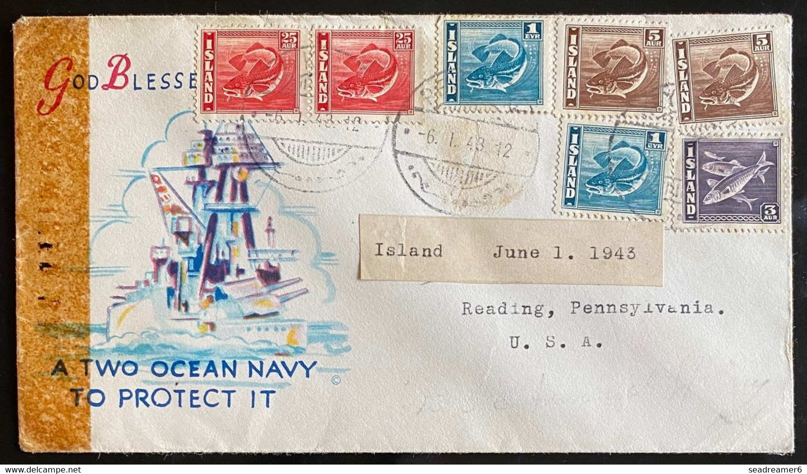 ISLANDE Lettre Décorée Navire Miltaire 1943 N°171 X2, 172, 173 X2 & 192 Pour READING USA Avec Censure Américaine ! TTB - Storia Postale