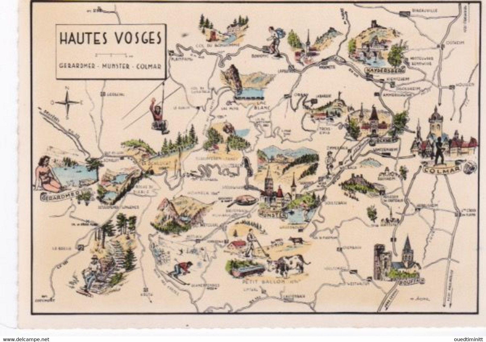Carte Géographique Des Hautes Vosges, Gerardmer, Munster, Colmar, Cpsm Dentelée - Landkarten