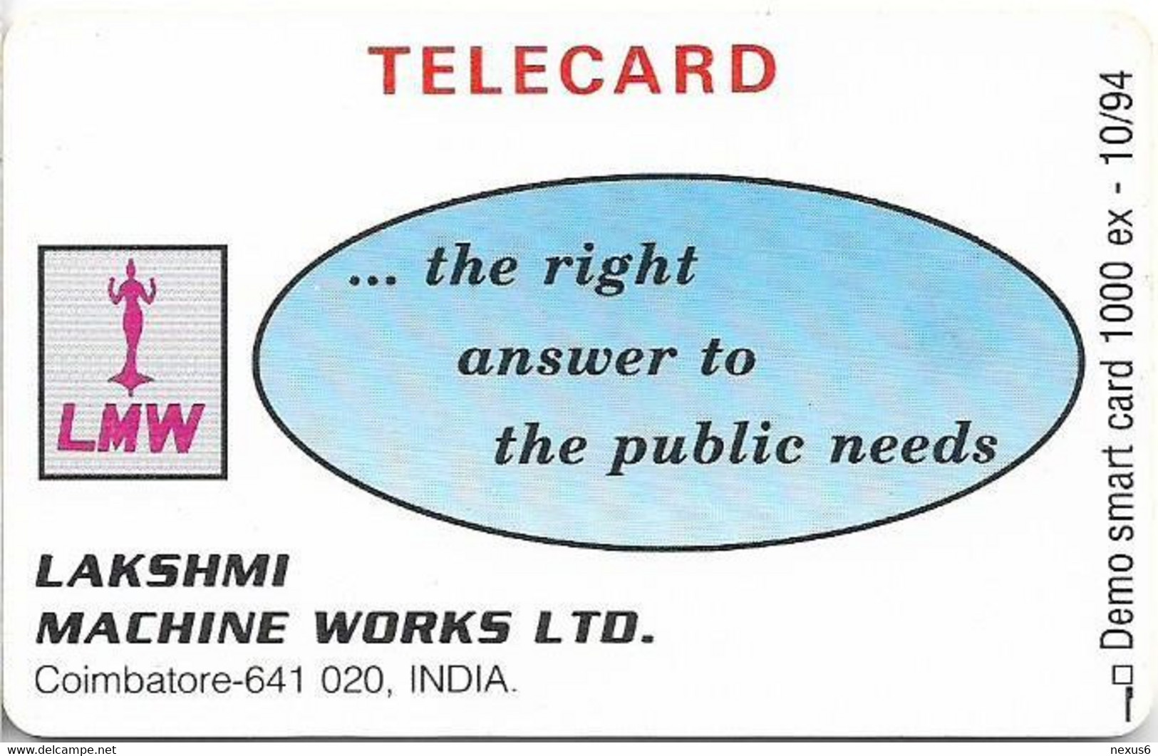 India / Swiss - Monetel-Ascom-LMW (Chip) - Commun. India '94- 04.1993, Gem1B Red, 100U, 1.000ex, Mint - Inde