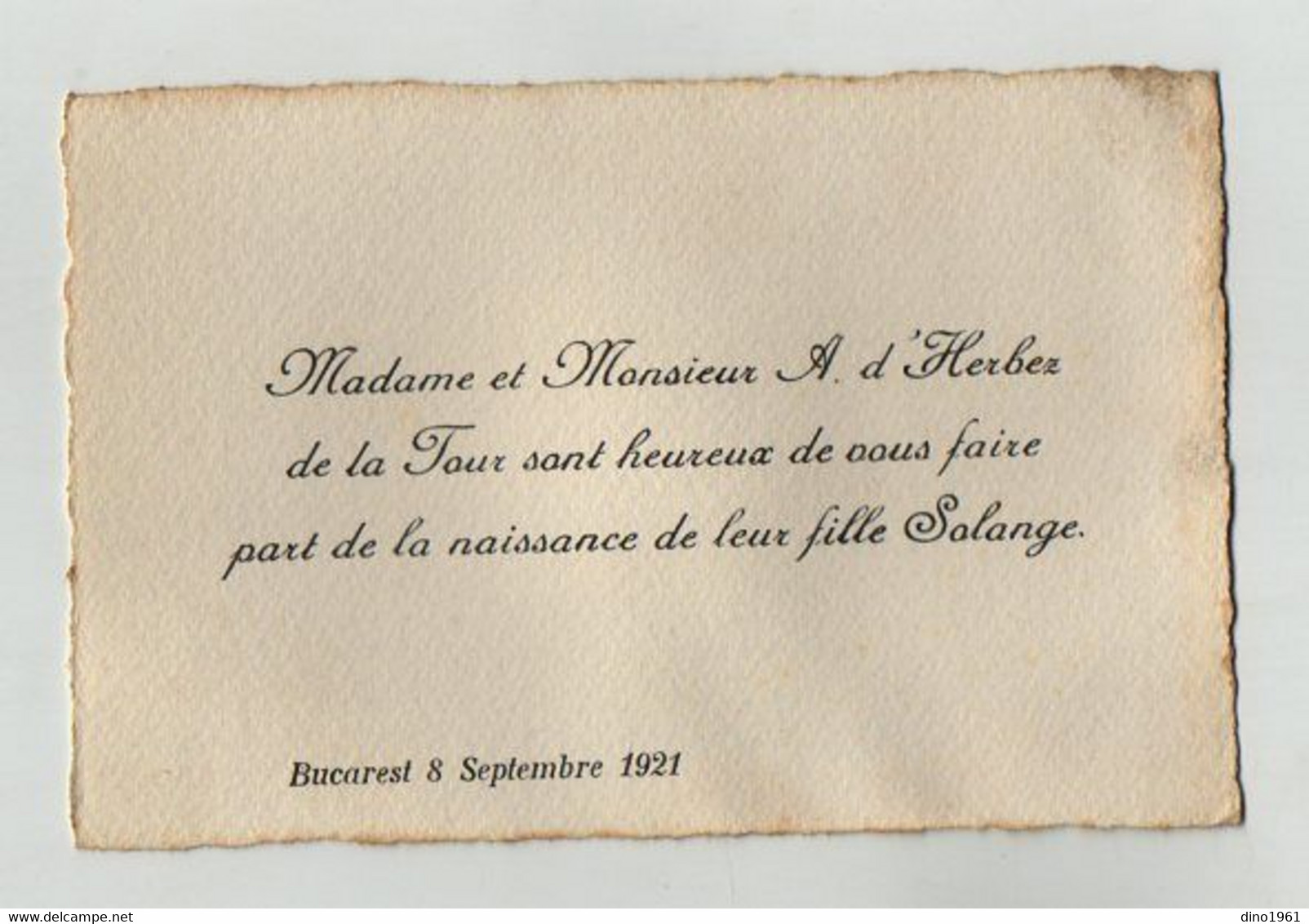 VP20.714 - BUCAREST 1921 - Faire - Part De Naissance De Melle S. D'HERBEZ De LA TOUR Future Grande Architecte à PARIS - Nascita & Battesimo