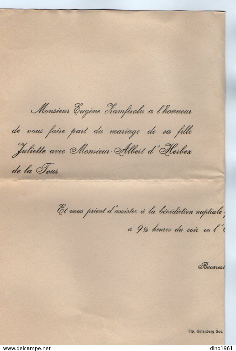 VP20.716 - Roumanie - BUCAREST 1921- Faire - Part De Mariage De Mr A.d'HERBEZ De LA TOUR Avec Melle Juliette ZAMFIROLU - Birth & Baptism