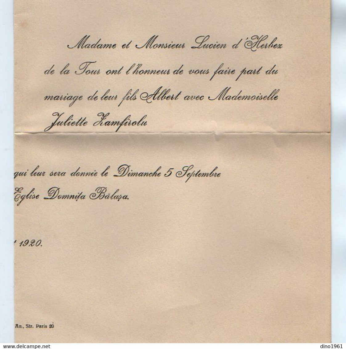 VP20.716 - Roumanie - BUCAREST 1921- Faire - Part De Mariage De Mr A.d'HERBEZ De LA TOUR Avec Melle Juliette ZAMFIROLU - Birth & Baptism