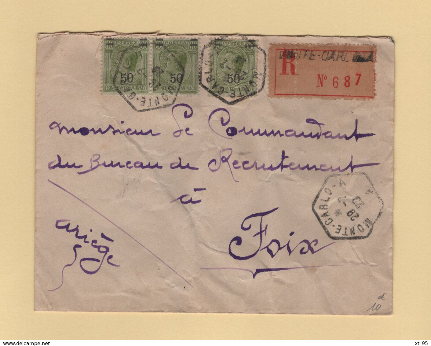 Monaco - Monte Carlo A - 1929 - Recommande Destination Ariege - Cartas & Documentos