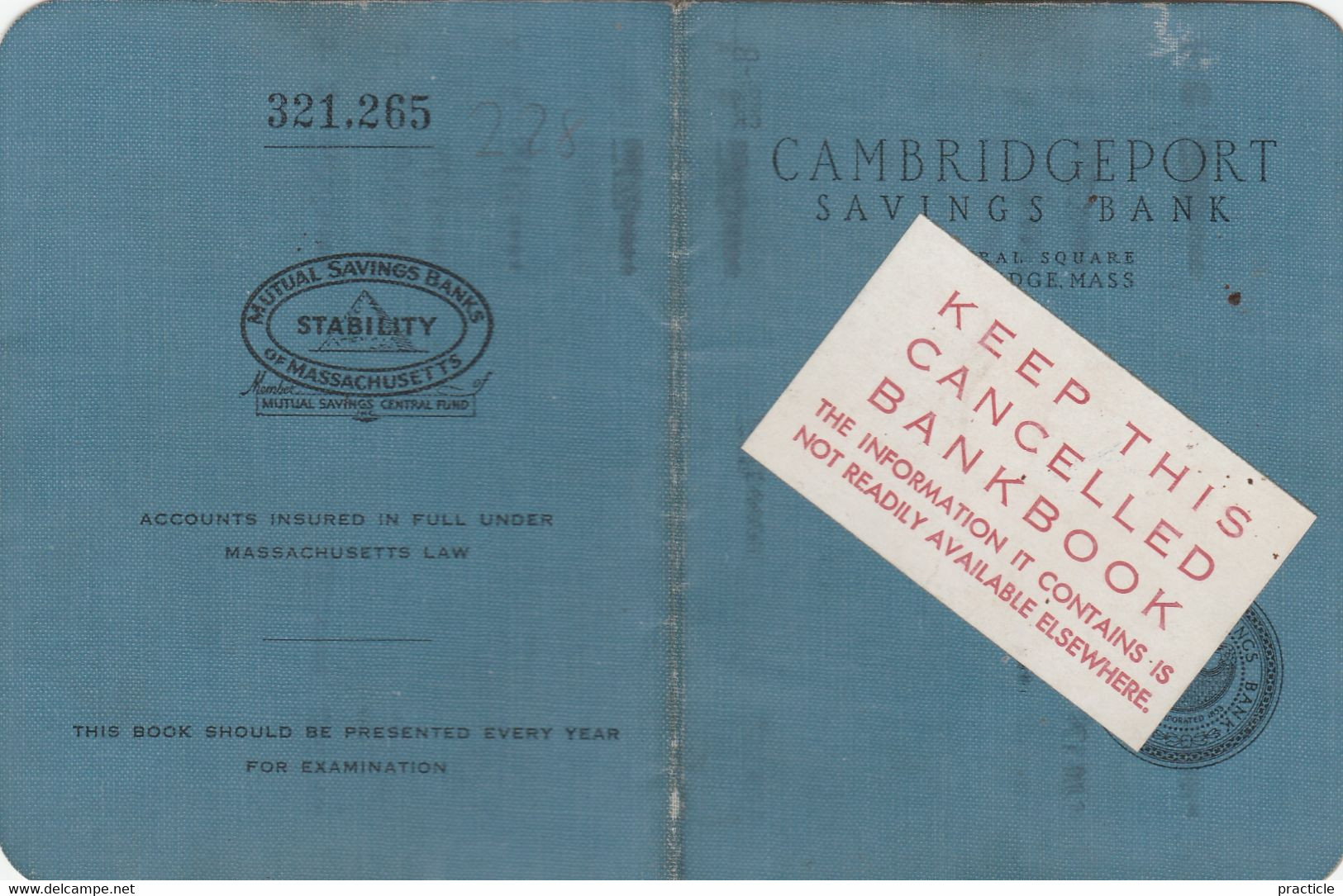 2394 Cambridgeport Savings Bank Book Cambridge Massachusetts - United States