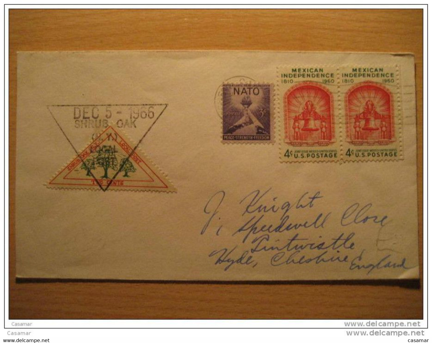 SHRUB OAK 1966 To Cheshire England UK GB Local Post 2c Triangular Stamp Tree Cancel Cover USA - Lokalausgaben