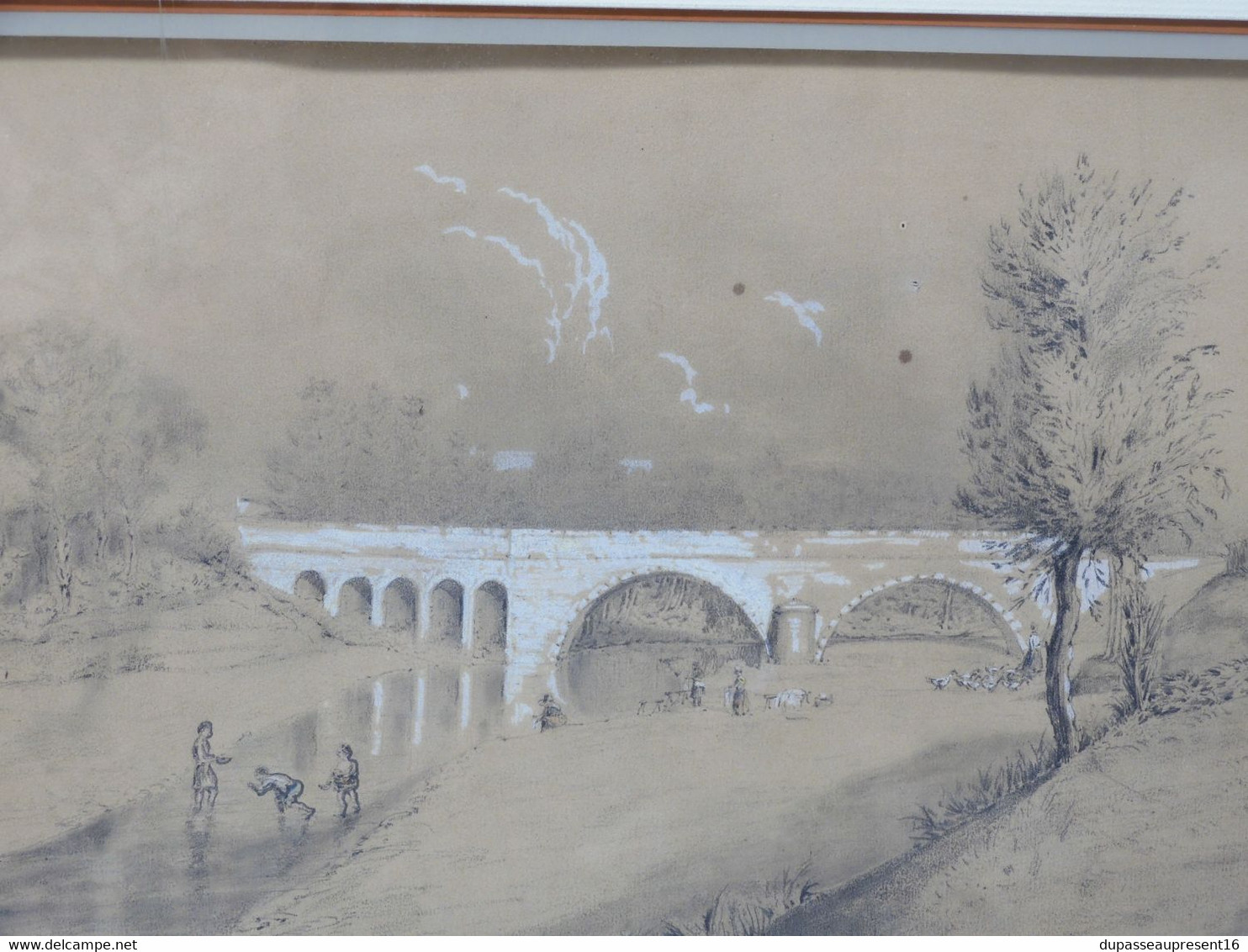 * DESSIN ENCADRE SOUS VERRE Marqué au CRAYON MONTAUBAN 49 LE PONT de TESCOU  E