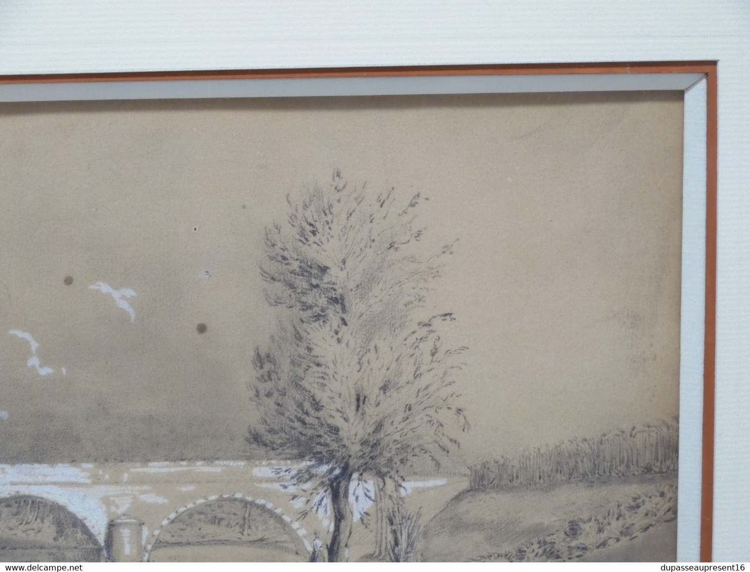 * DESSIN ENCADRE SOUS VERRE Marqué au CRAYON MONTAUBAN 49 LE PONT de TESCOU  E