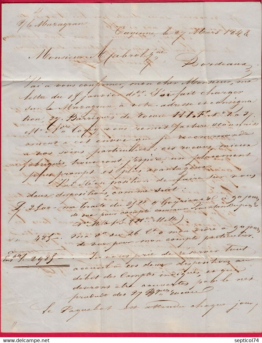 MARQUE GUYANE FRANCAISE + OUTRE MER PAUILLAC GIRONDE TEXTE CAYENNE 1848 POUR BORDEAUX LETTRE COVER FRANCE - Lettres & Documents
