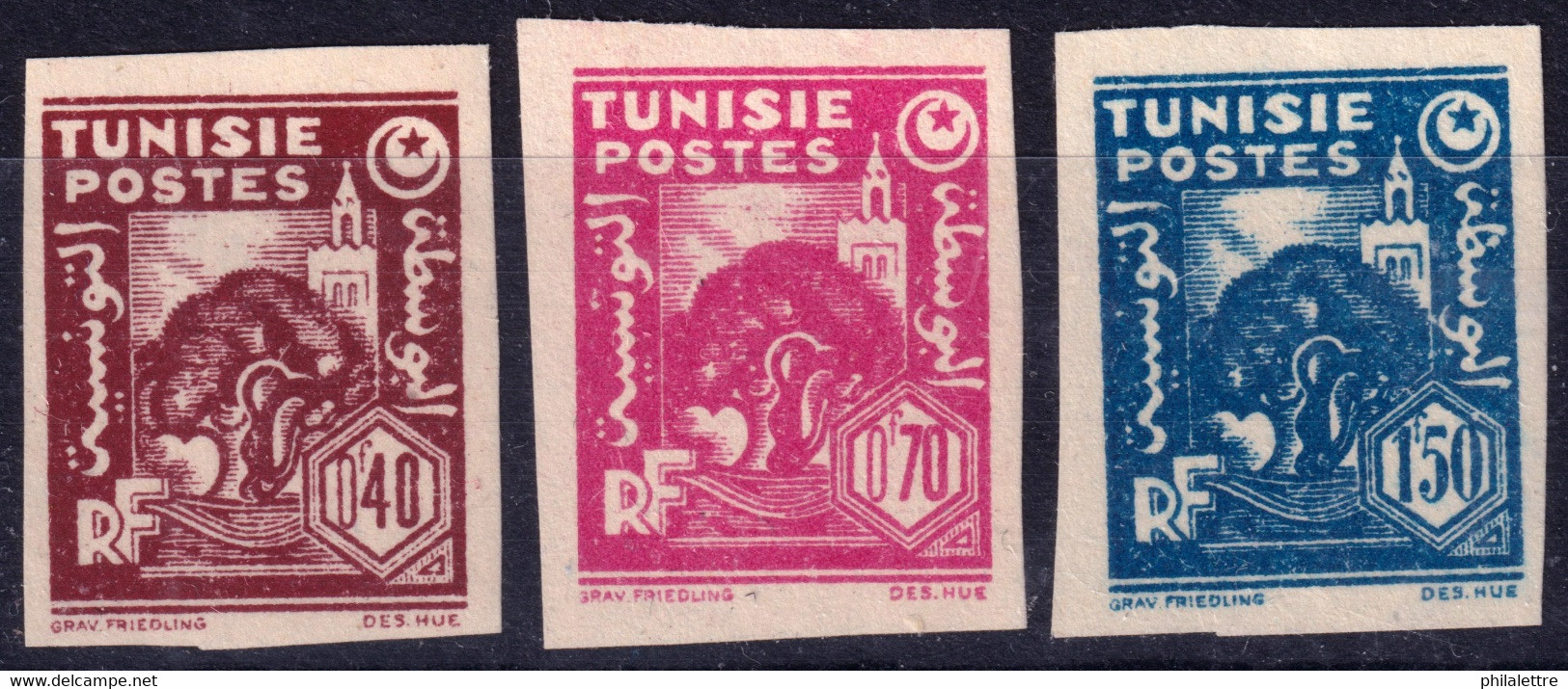 TUNISIE - 1944/45 - Yv.251, Yv.253 & Yv.257 40c, 70c & 1fr50 Non Dentelés - Neufs **/* - Neufs