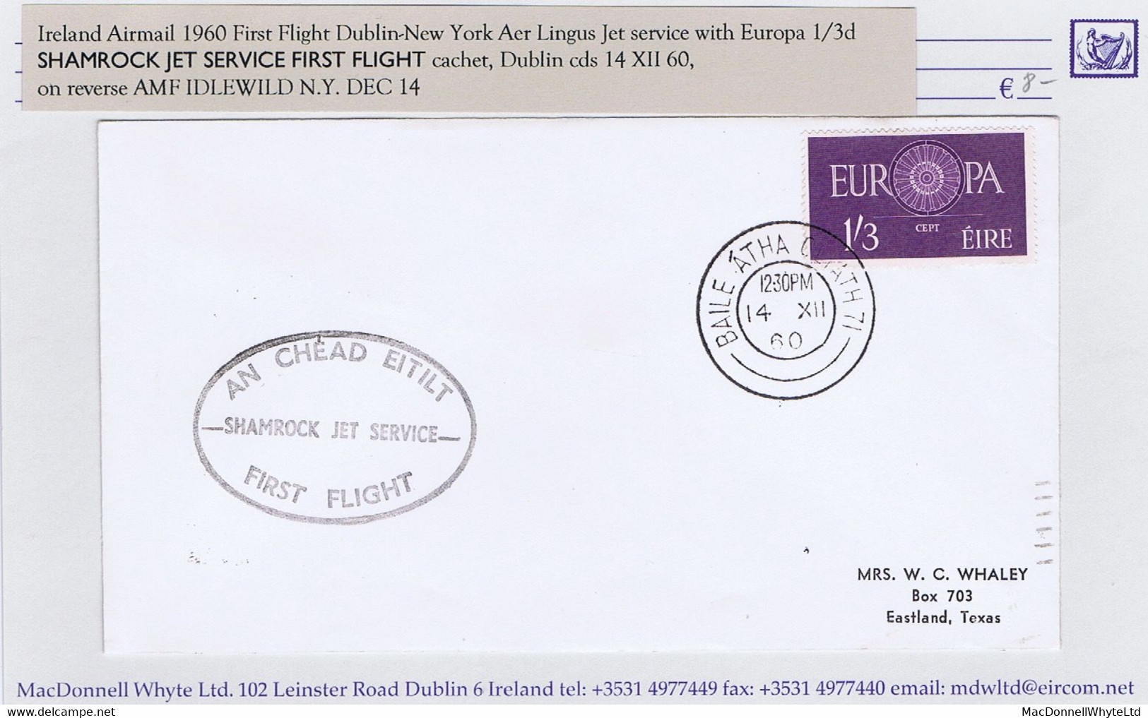 Ireland 1960 CEPT Europa 1/3d Single Use On First Flight Cover Dublin To New York By Aer Lingus - Covers & Documents