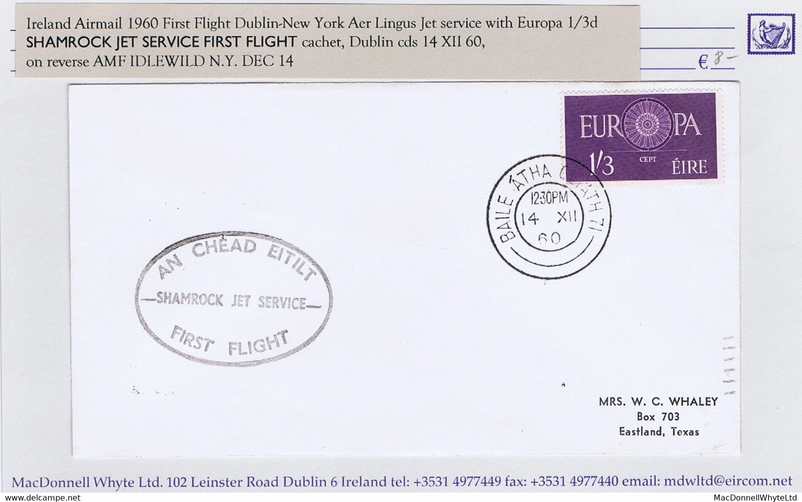 Ireland 1960 CEPT Europa 1/3d Single Use On First Flight Cover Dublin To New York By Aer Lingus - Brieven En Documenten