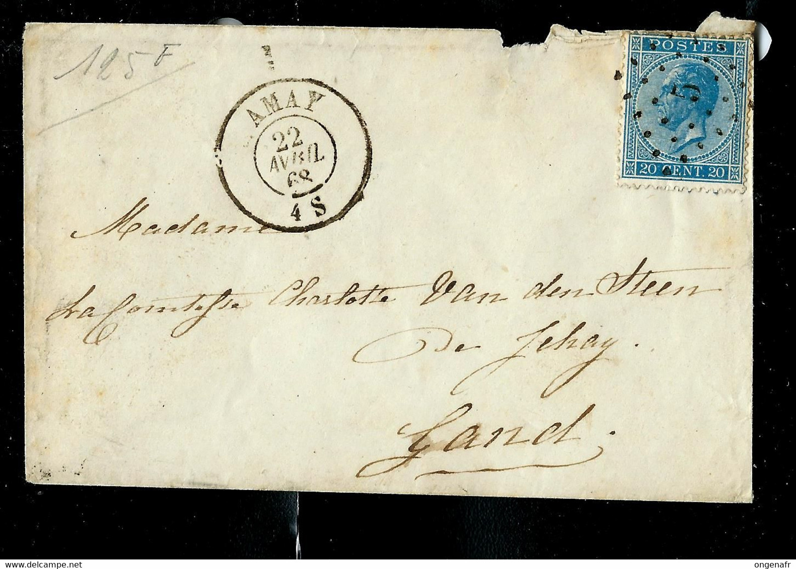 N° 18 Sur Lettre De AMAY  18/04/1868   Pour Gand - Puntstempels