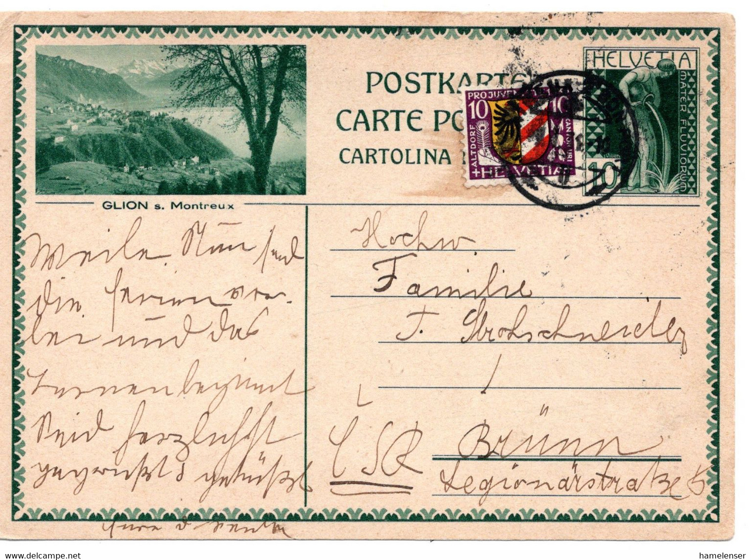 61456 - Schweiz - 1931 - 10Rp BildGAKte "Montreux" M ZusFrank MONTREUX ... -> Tschechoslowakei - Briefe U. Dokumente