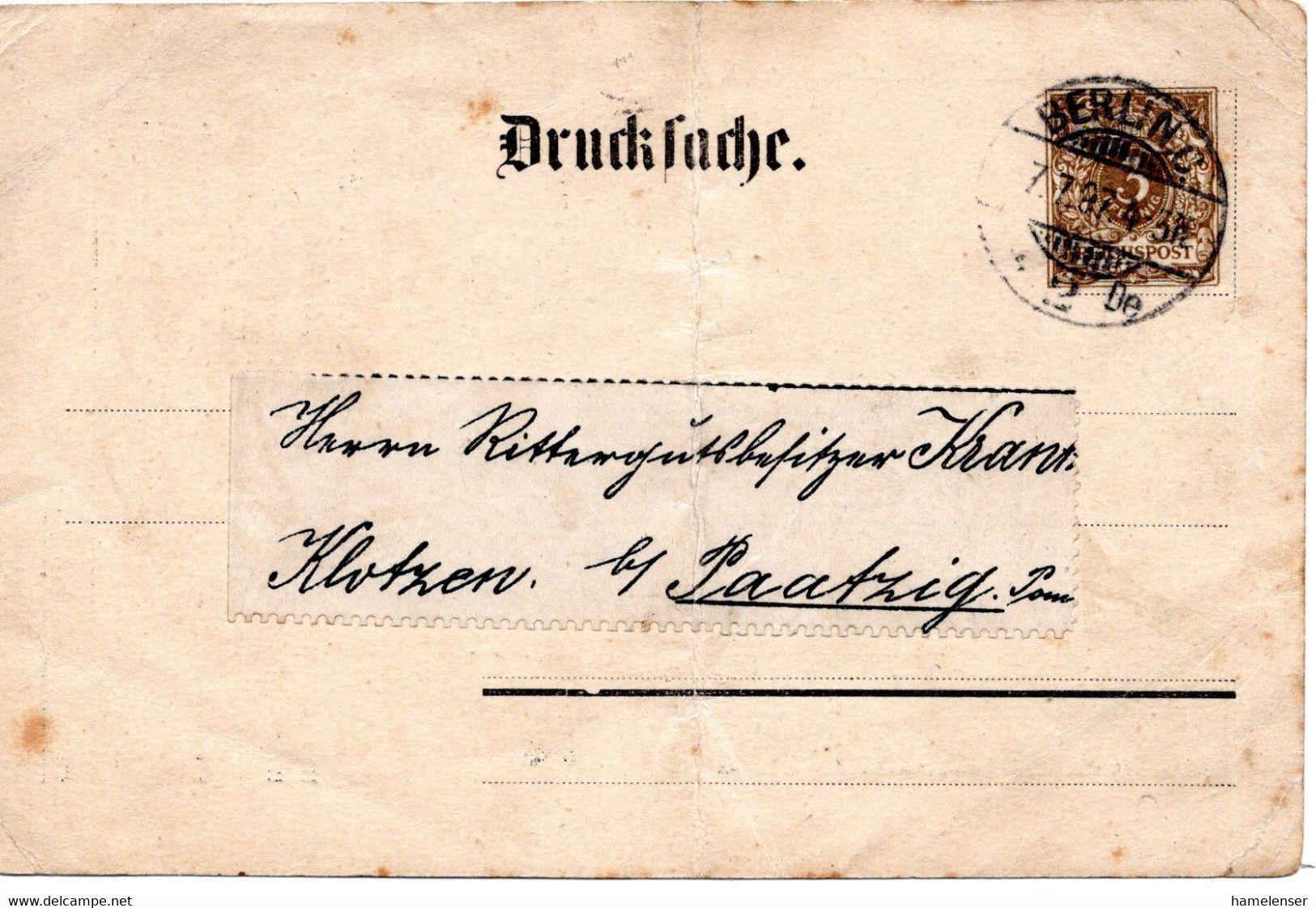 61462 - Deutsches Reich - 1897 - 3Pfg Ziffer PGAKte (senkr Bug) "Gartenbauausstellung Hamburg" BERLIN -> Klotzen - Otros & Sin Clasificación