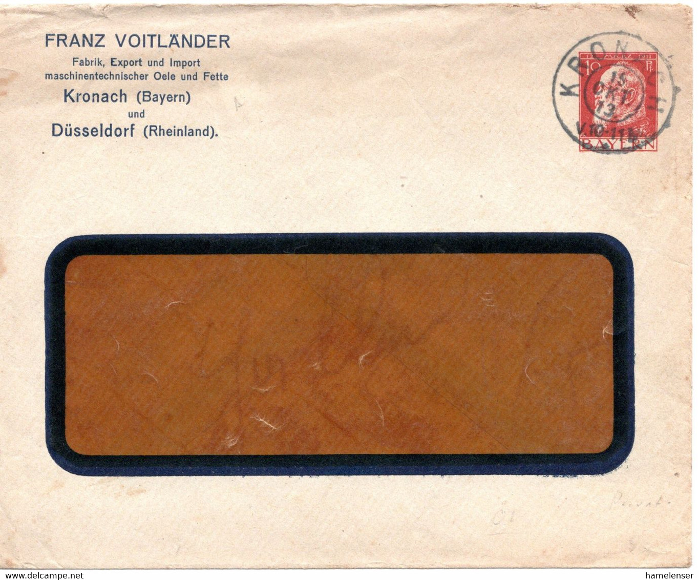 61466 - Altdeutschland / Bayern - 1913 - 10Pfg Luitpold PGAFensterUmschl "Franz Voitlaender" KRONACH -> (Inland) - Postwaardestukken