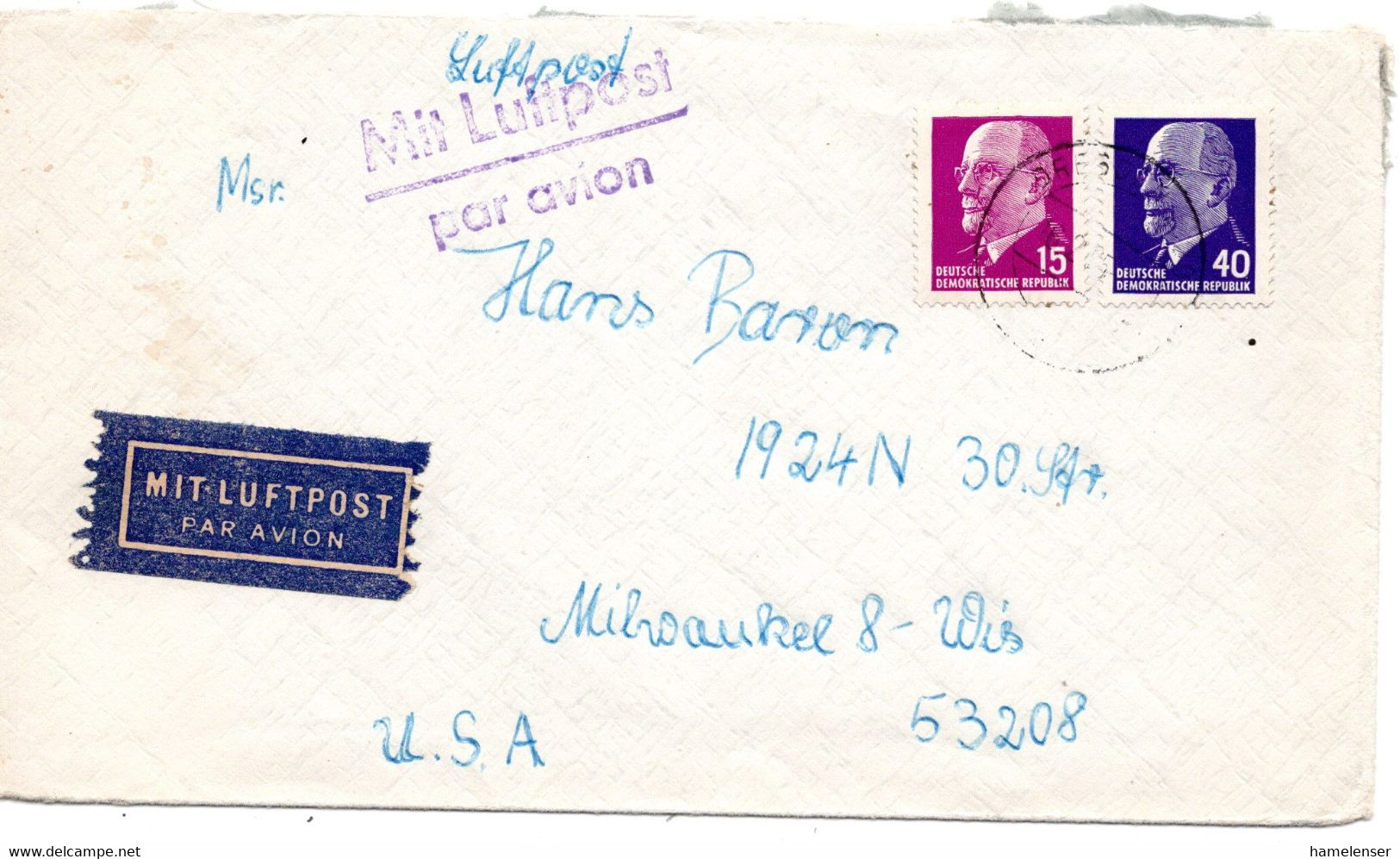 61470 - DDR - 1965 - 40Pfg Ulbricht MiF A LpBf DRESDEN -> Milwaukee, WI (USA) - Covers & Documents