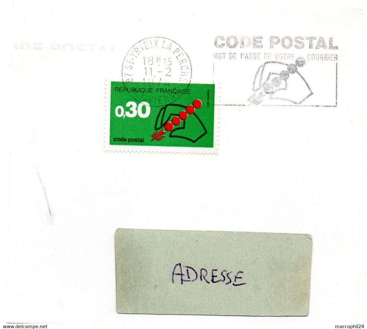 VIENNE / HAUTE - Dépt N° 87 = St YRIEIX La PERCHE 1974 =  FLAMME CONCORDANTE SECAP Illustrée ' CODE POSTAL / Mot Passe' - Code Postal