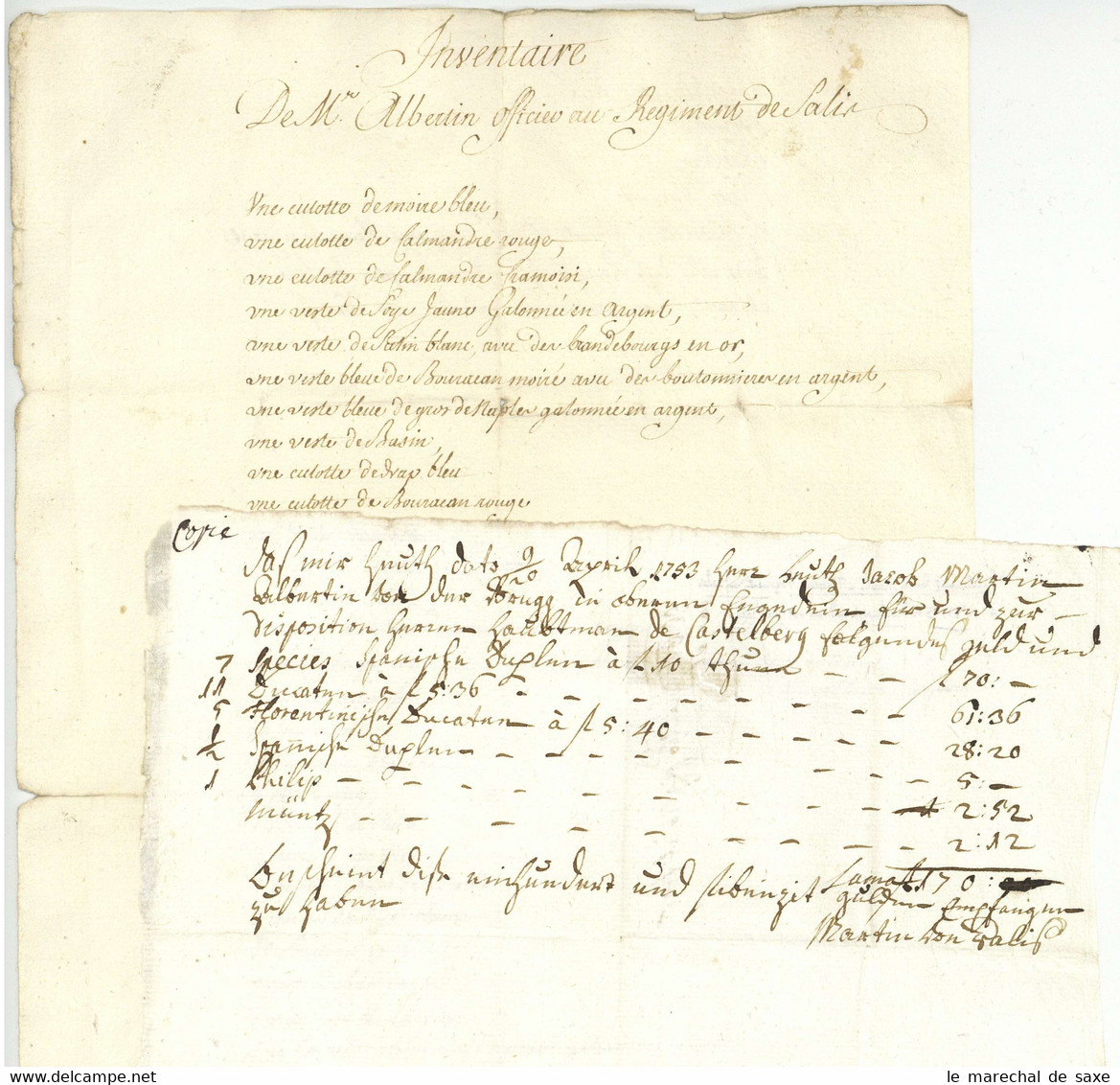 Graubünden Fremde Dienste Regiment Von Salis Albertini Duell 1753 Inventaire Officier Saluz - Documents Historiques