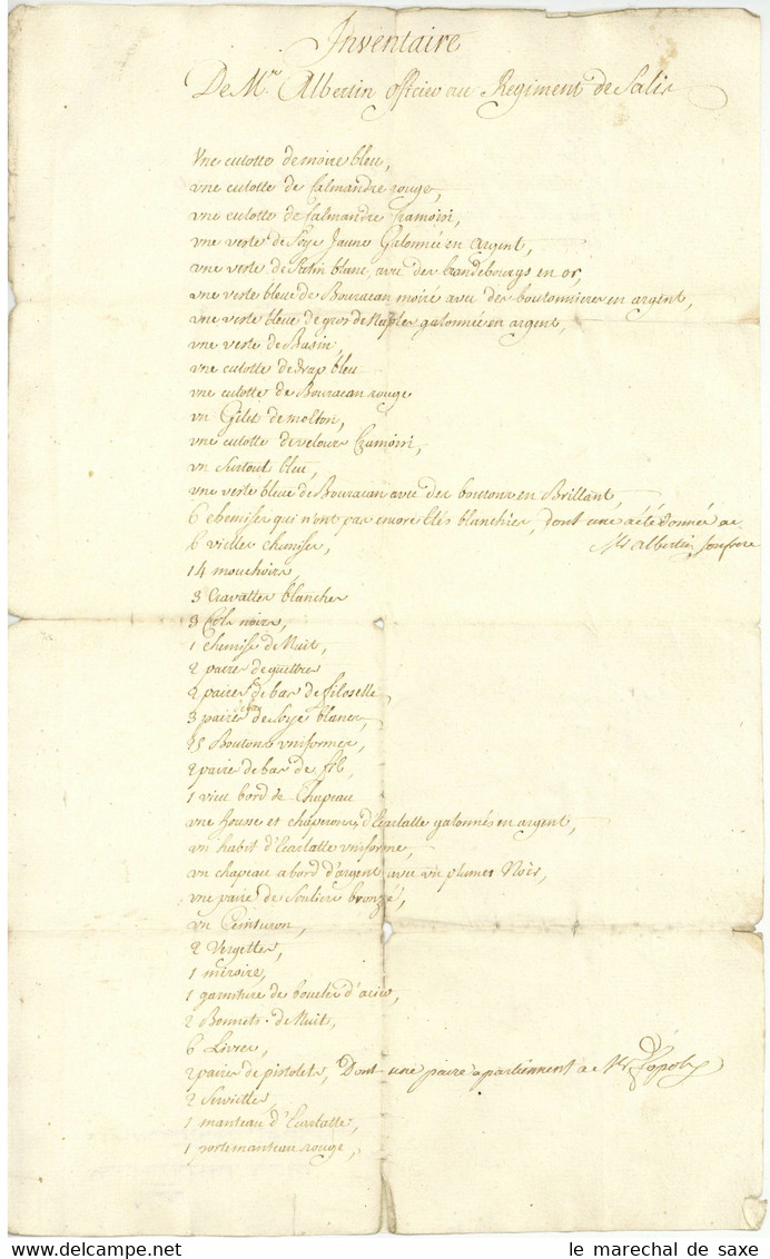 Graubünden Fremde Dienste Regiment Von Salis Albertini Duell 1753 Inventaire Officier Saluz - Documents Historiques