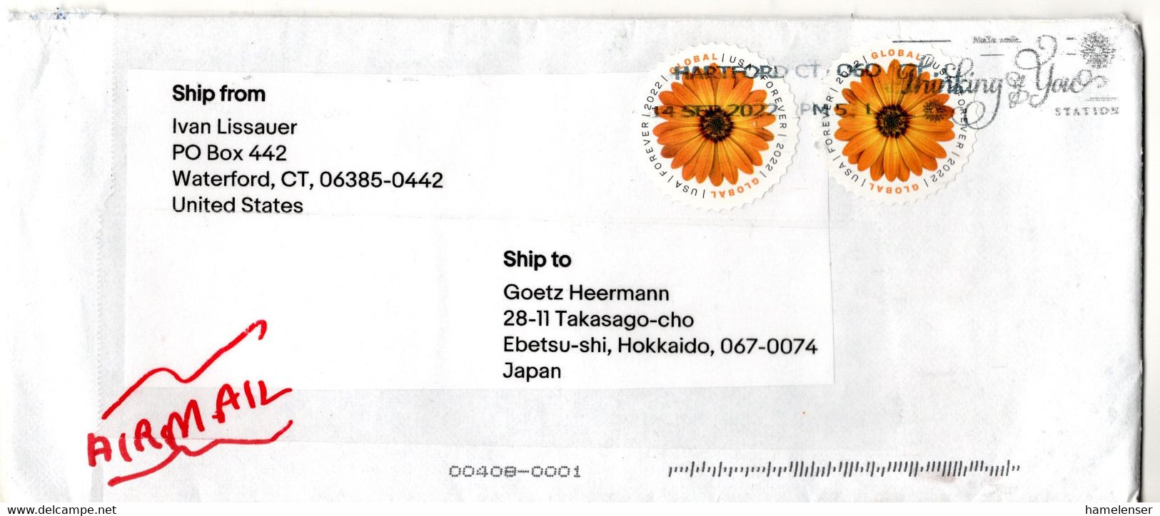 L61493 - USA - 2022 - 2@"Forever" '22 A LpBf HARTFORD CT -> Japan - Covers & Documents