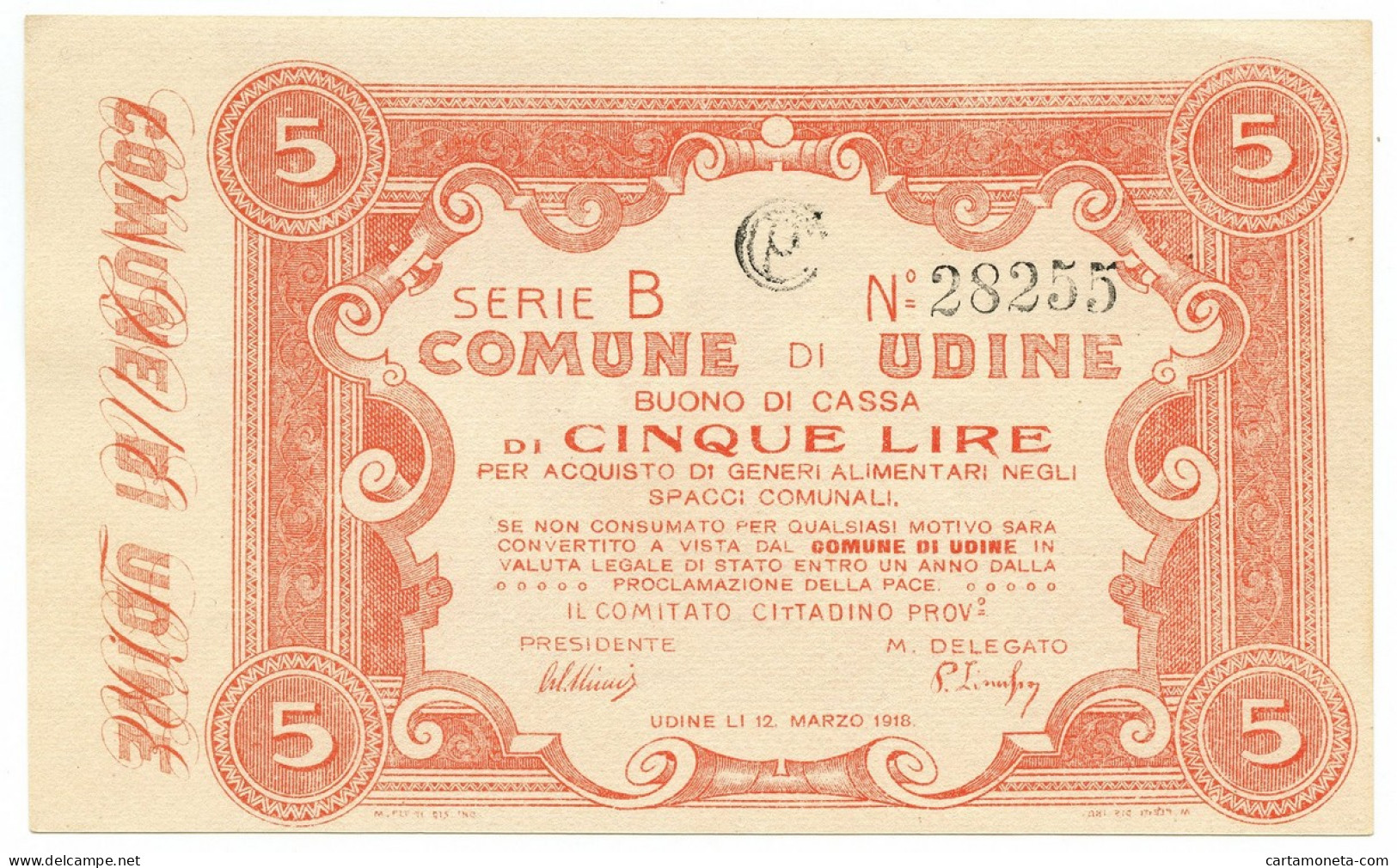 5 LIRE BUONO DI CASSA COMUNE DI UDINE WWI 12/03/1918 SUP+ - Sonstige & Ohne Zuordnung