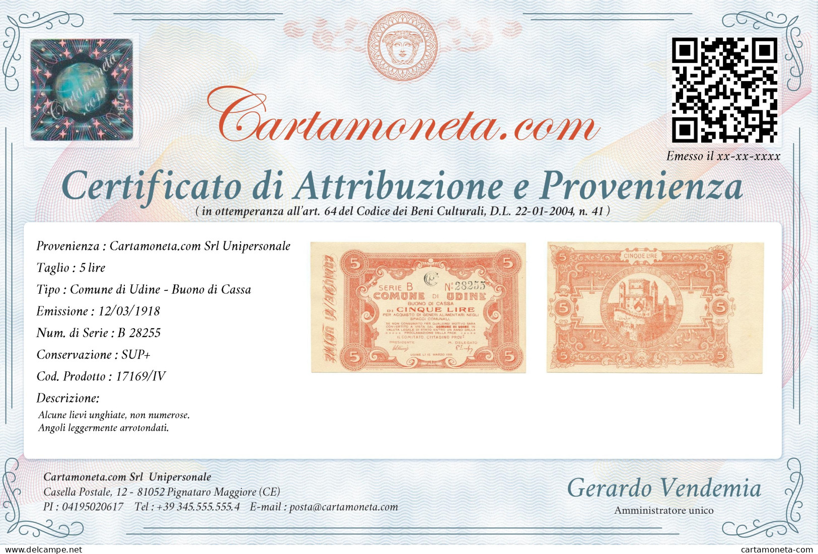 5 LIRE BUONO DI CASSA COMUNE DI UDINE WWI 12/03/1918 SUP+ - Other & Unclassified