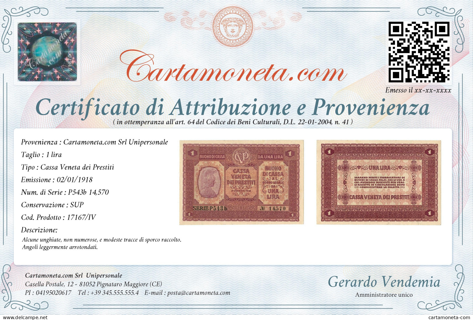 1 LIRA CASSA VENETA DEI PRESTITI OCCUPAZIONE AUSTRIACA 02/01/1918 SUP - Besetzung Venezia