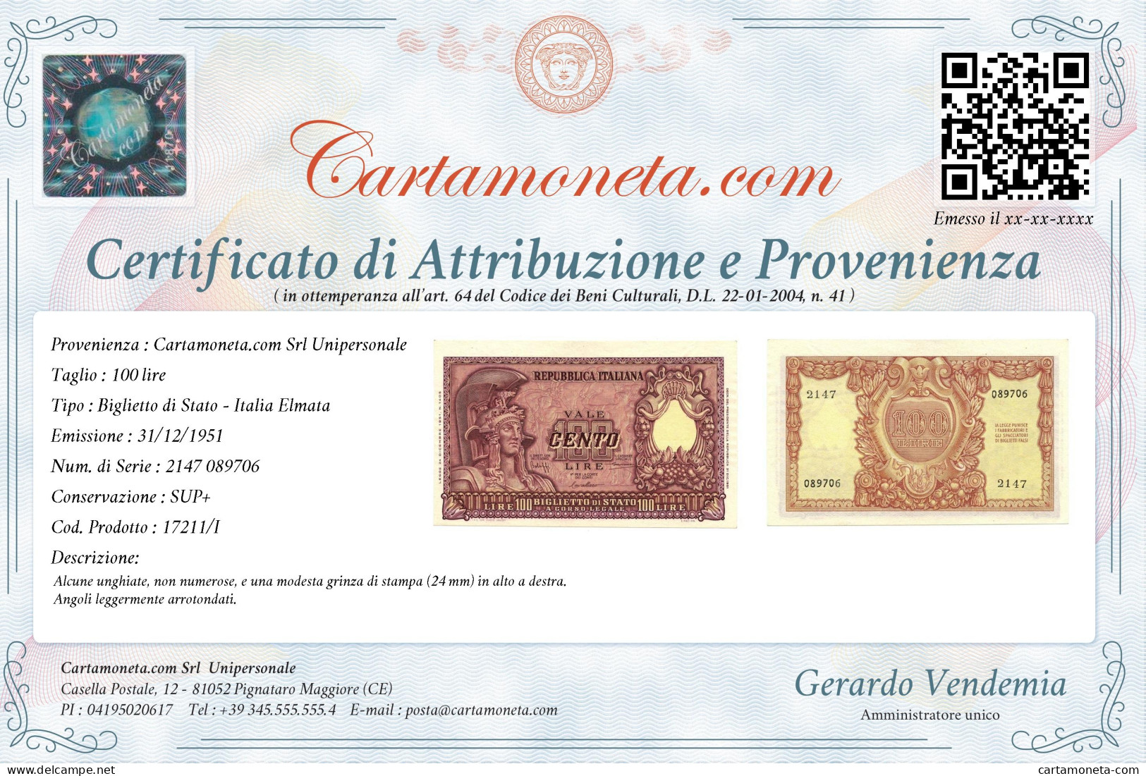 100 LIRE BIGLIETTO DI STATO ITALIA ELMATA BOLAFFI 31/12/1951 SUP+ - Other & Unclassified