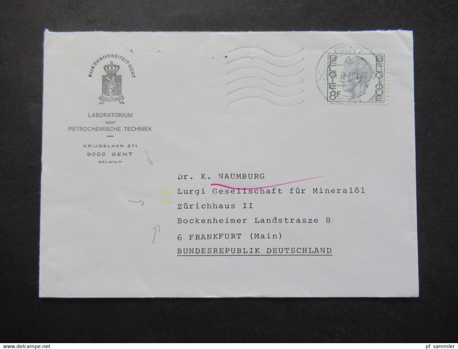 Belgien 1978 Auslandsbrief Umschlag Rijksuniversiteit-Gent Laboratorium Voor Petrochemische Technik Nach FFM - Briefe U. Dokumente