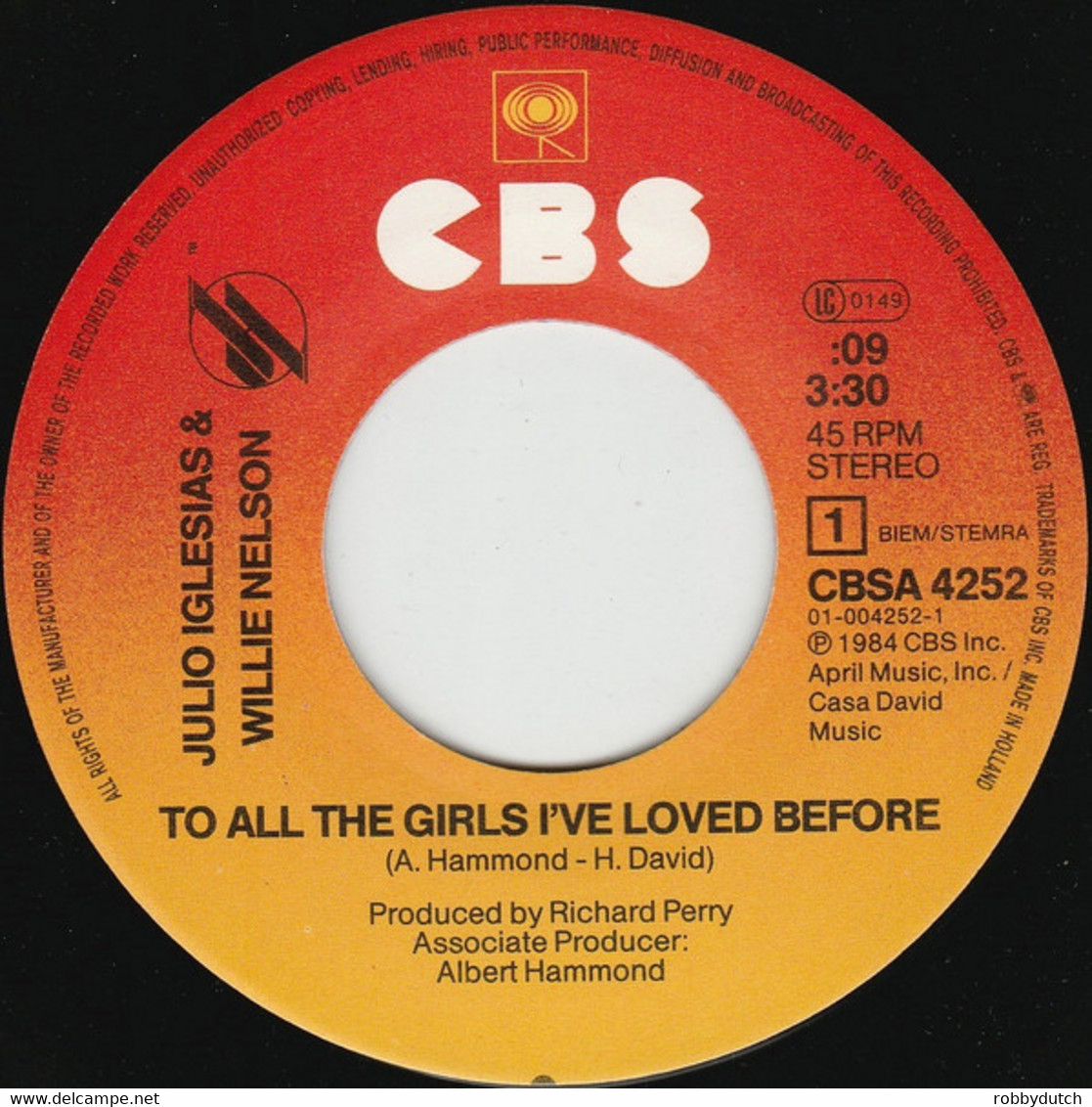 * 7" * JULIO IGLESIAS & WILLIE NELSON - TO ALL THE GIRLS I'VE LOVED BEFORE (1984 EX) - Country Et Folk