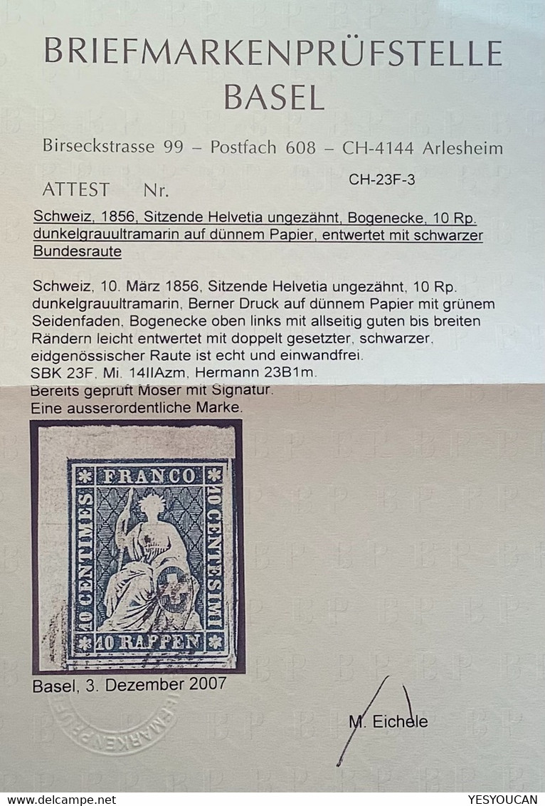 ATTEST MARCHAND: Zst 23F LUXUS BOGENECKE 1854-62 10Rp Strubel   (Schweiz Suisse Switzerland Cert Used Certificat - Gebruikt
