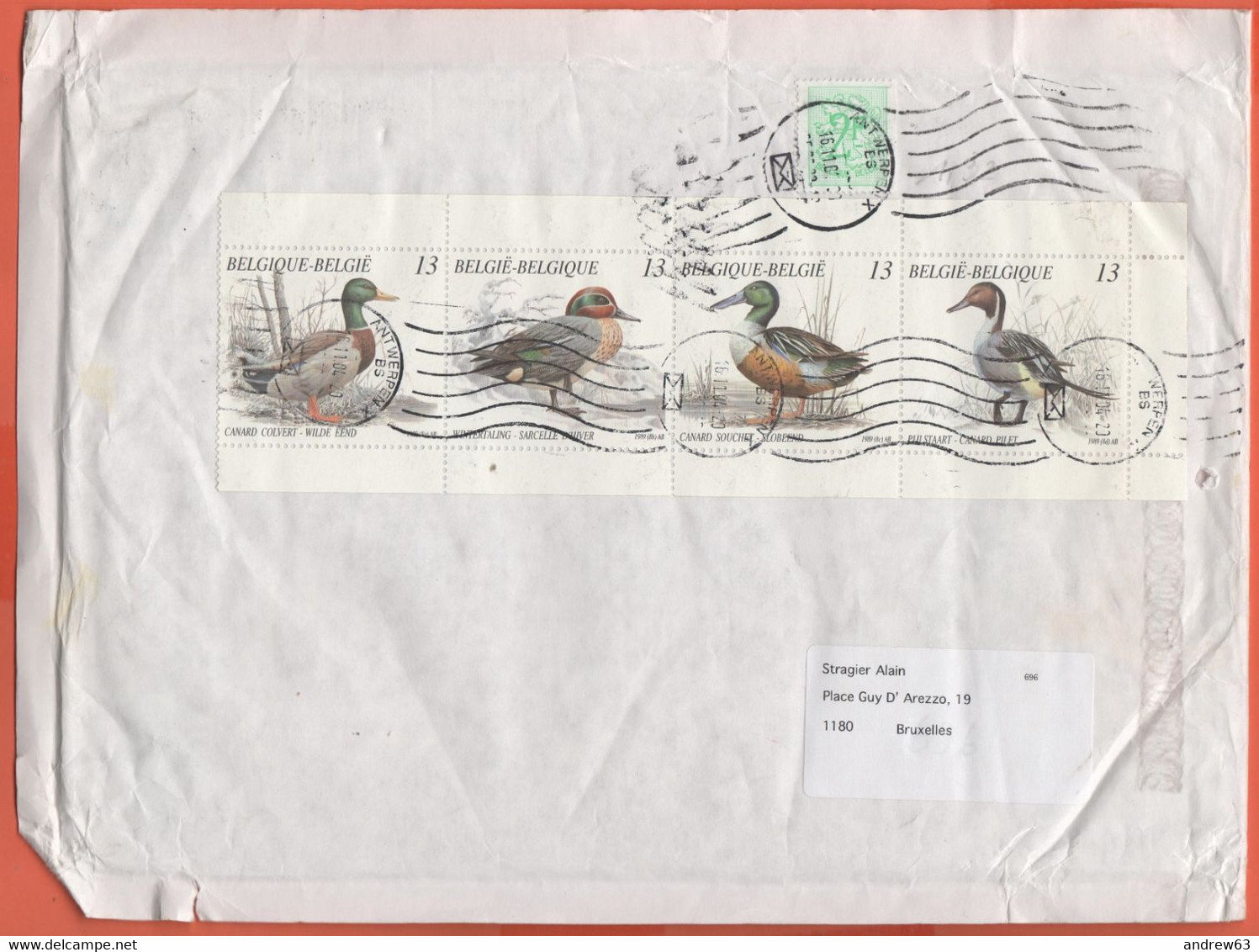 BELGIO - BELGIE - BELGIQUE - 2004 - 4 X 13F Canard (Birds) + 2F - Big Envelope - Viaggiata Da Antwerpen Per Brussels - Lettres & Documents