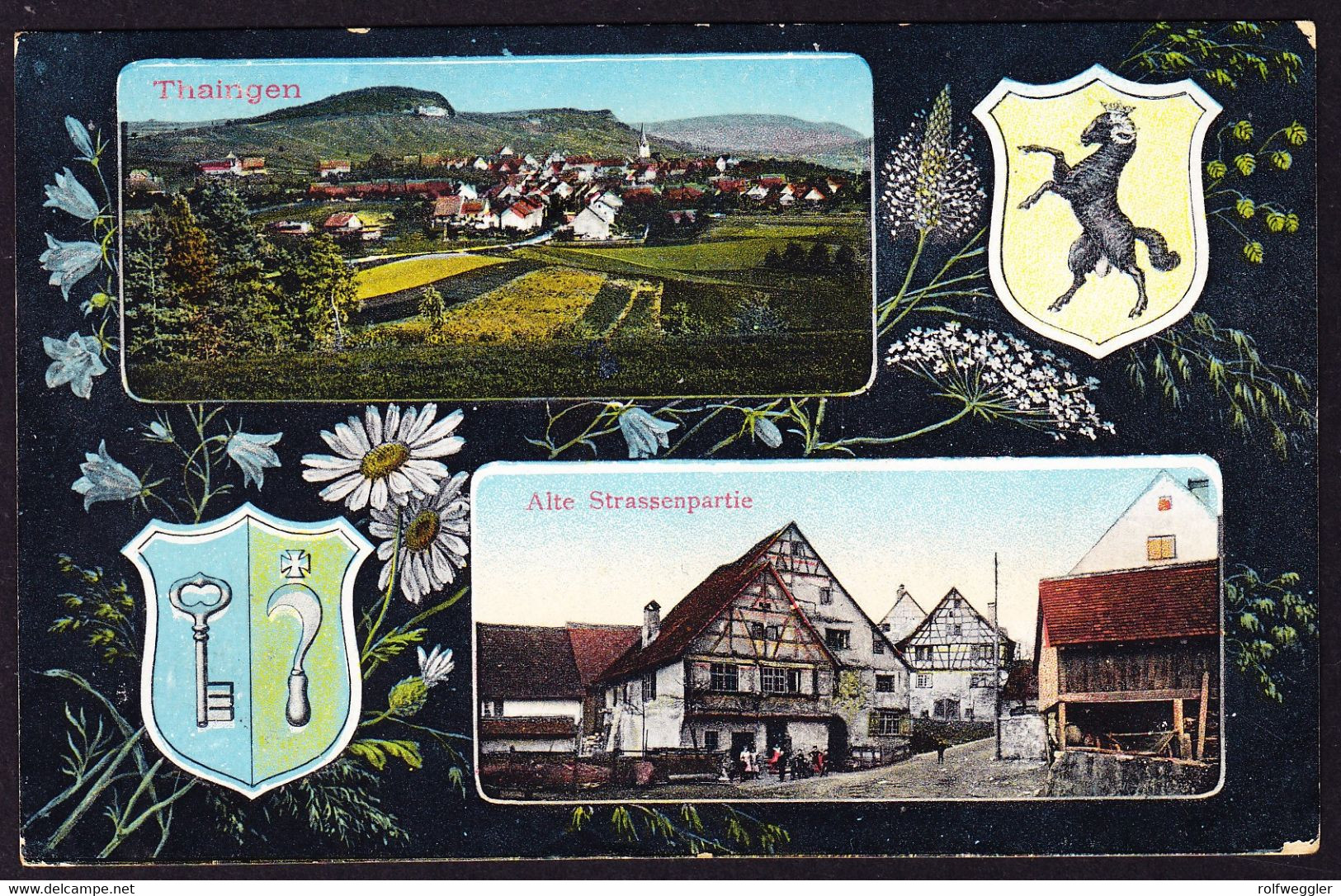 1914 Gelaufene AK Aus Thayngen. 2 Bildrig Mit Alter Strassenpartie Und Wappen. - Thayngen