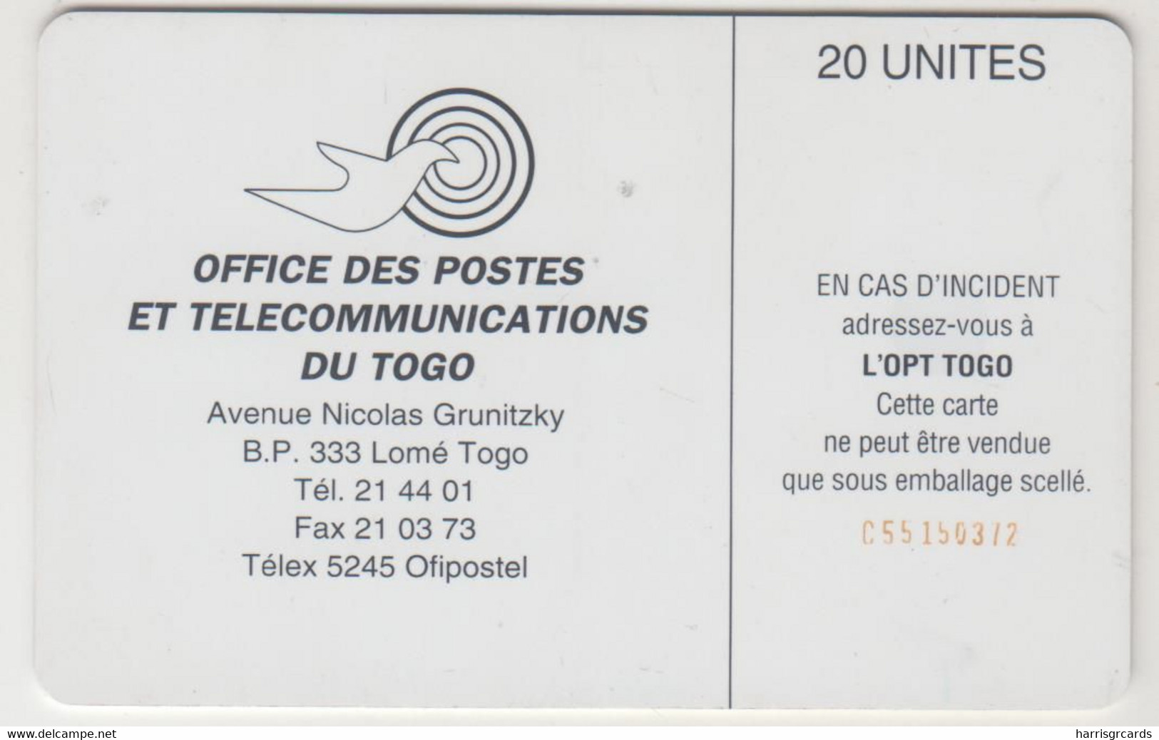 TOGO - Earth Station 20 Reverse 1 , CN: C55150372, 20 U , Used - Togo