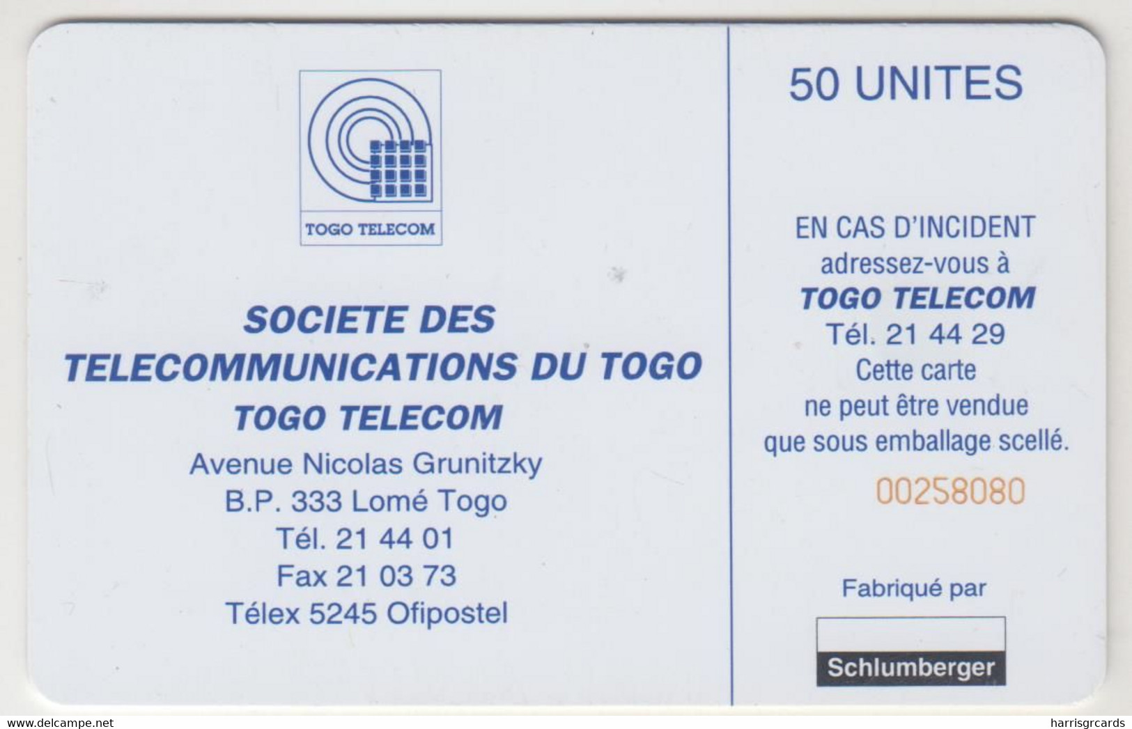 TOGO - Earth Station 50 (Schlumberger Logo) , CN:From 00258338 To 00276745, 50 U , Used - Togo