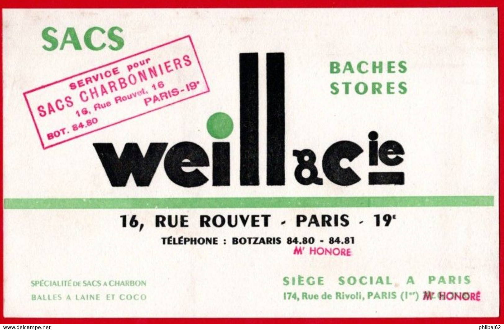 Buvard Weil & Cie. Baches, Stores, Sacs Charbonniers, Rue De Rivoli à Paris. - W