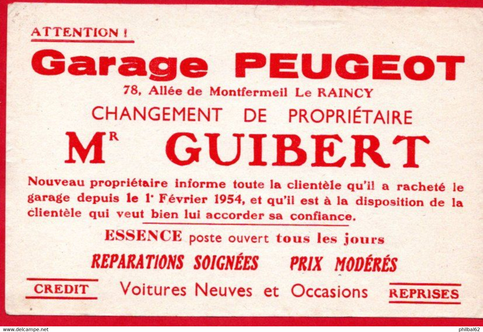 Buvard Garage Peugeot, Mr Guibert, Allée De Montfermeil, Le Raincy. - Auto's