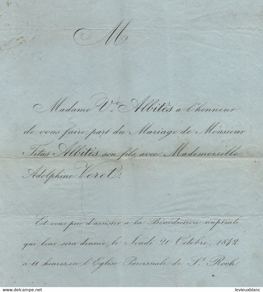 Faire-Part De Mariage Ancien/Madame Veuve Albités/Mariage De Mr Titus ALBITES Avec Melle Adolphine VERET/1842     FPM50 - Boda