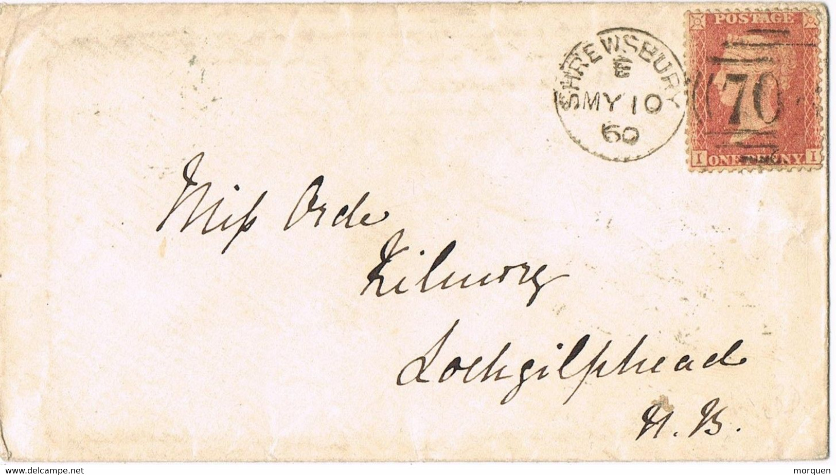 47168. Carta SHREWSBURY (England) 1860 To Lochgilphead. Penny Red, Gride 70 - Cartas