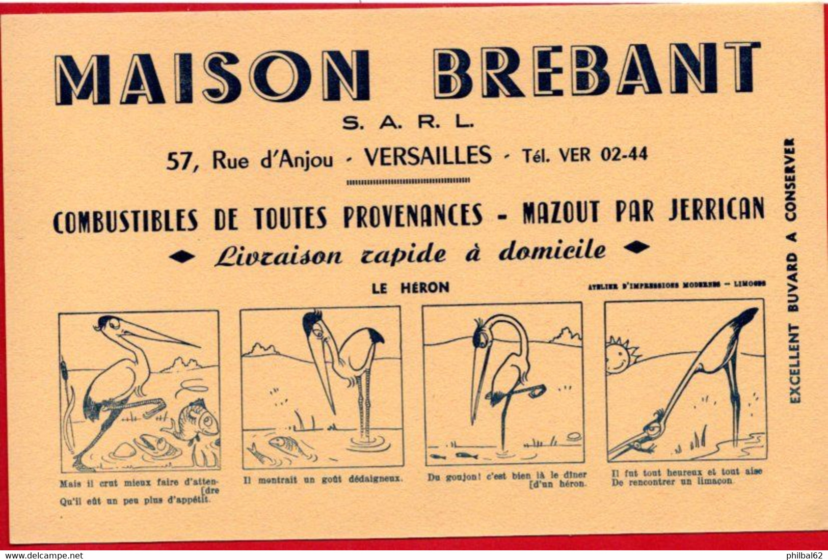 Buvard Maison Brebant, Combustibles, Mazout, à Versailles. Illustration : Le Héron. - Öl & Benzin