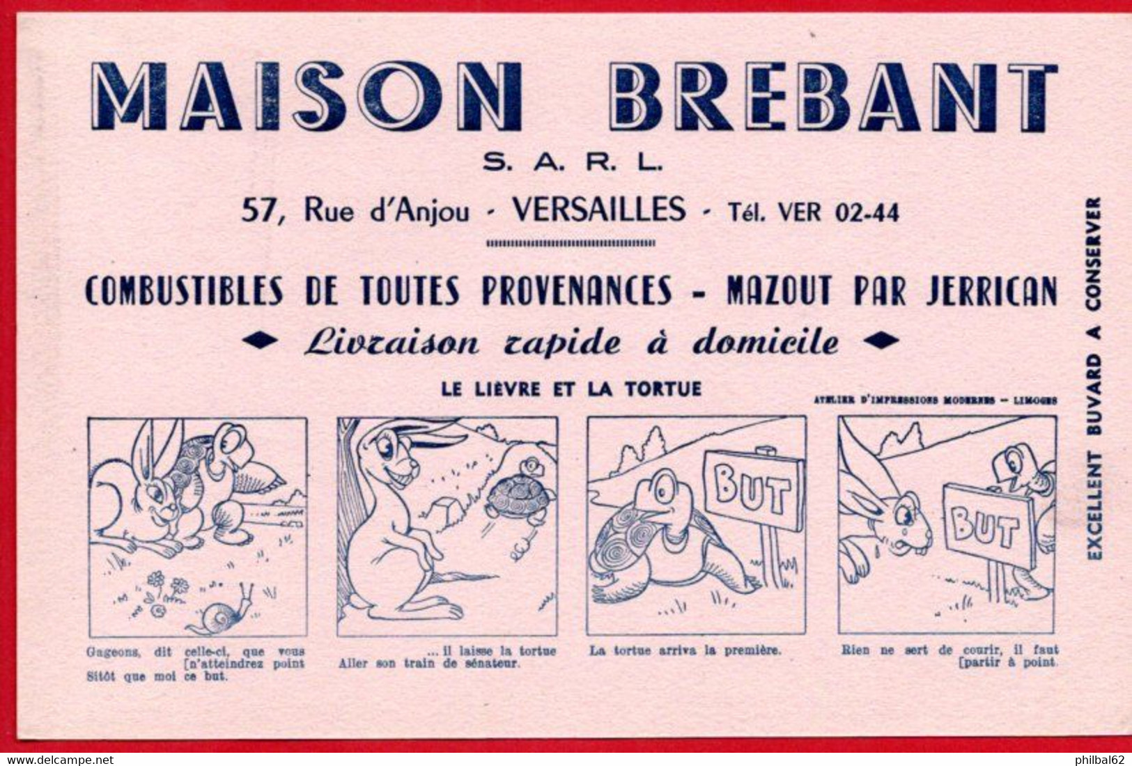 Buvard Maison Brebant, Combustibles, Mazout, à Versailles. Illustration : Le Lièvre Et La Tortue. - Öl & Benzin